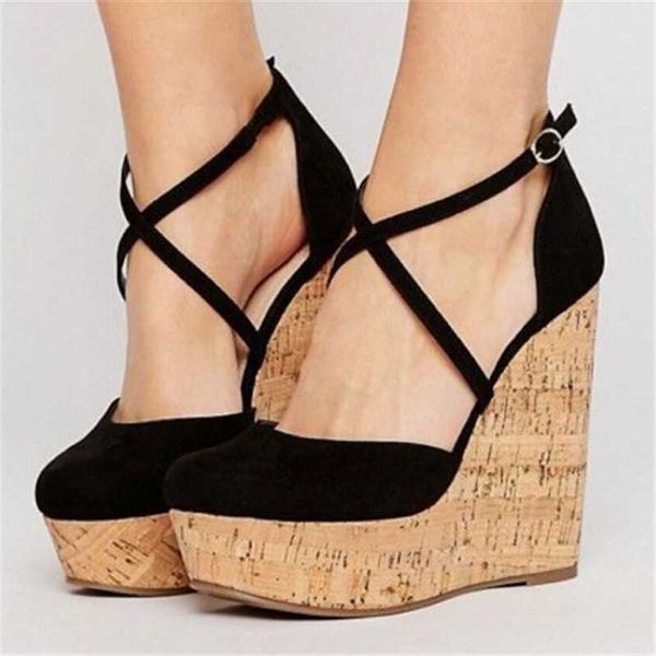 

dress shoes selling females wedge sandals wood grain edge waterproof platform in europe and america baotou women size 35-42, Black
