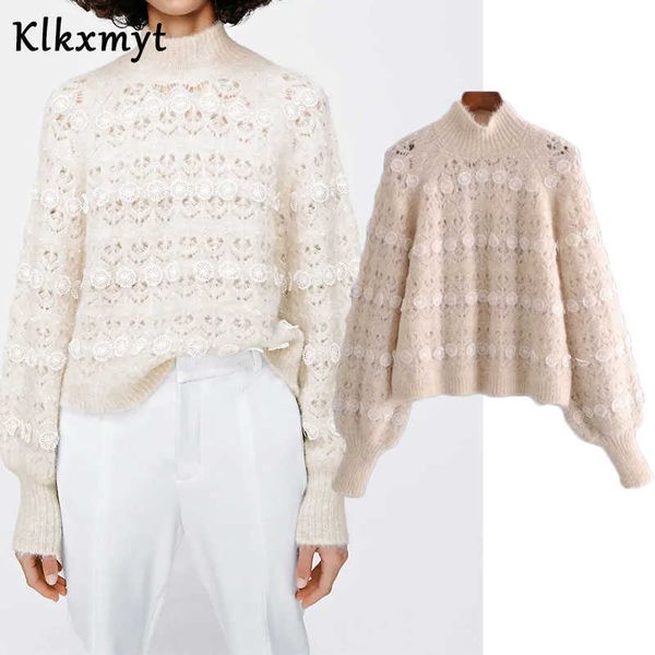 

klkxmyt za sweater women fashion snowflake cropped knitted vintage high neck long sleeve female pullovers chic 210527, White;black