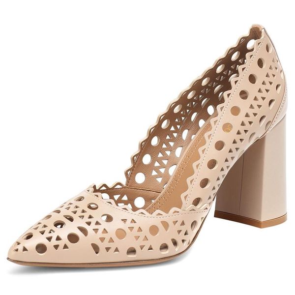 

dress shoes handmade hollow leather point toe pumps for women party office chunky heel women's lace khaki thick high heels summer, Black