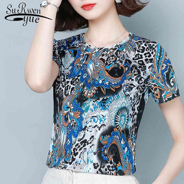 

summer short sleeve round neck print blouse women loose slim elastic female 4xl large size blusas mujer 9062 50 210427, White