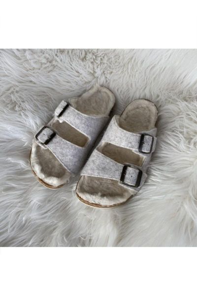

slippers women's light gray shaggy double buckled winter slipper, Black