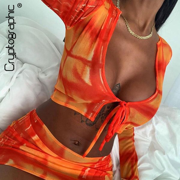 

print fashion long sleeve tie front and skirt sheer mesh two piece set mini skirt party club matching setby air, Black;gray