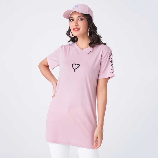 

women's t-shirt summer fashion sweet t-shirts 2021 purple simple love printing tomato letter round neck loose stretchable long top, White
