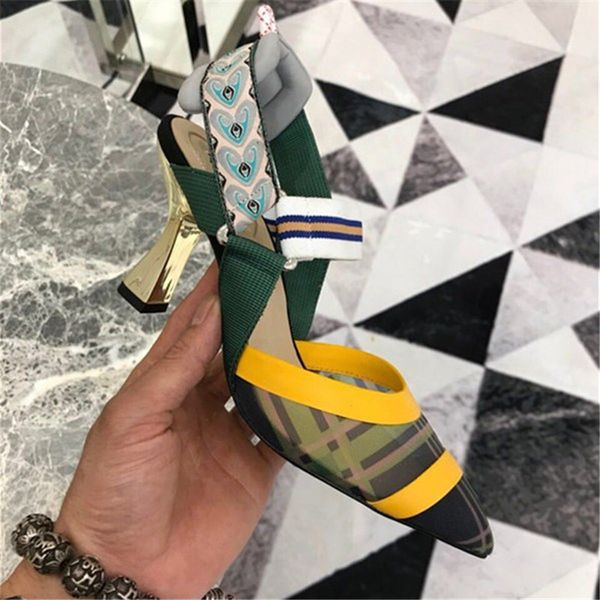 

Summer Mesh Gladiator Strip Sandals Women Stripe Patchwork Elastic Strappy Pointy Toe Slingback High Heels Shoes Woman, Color 17