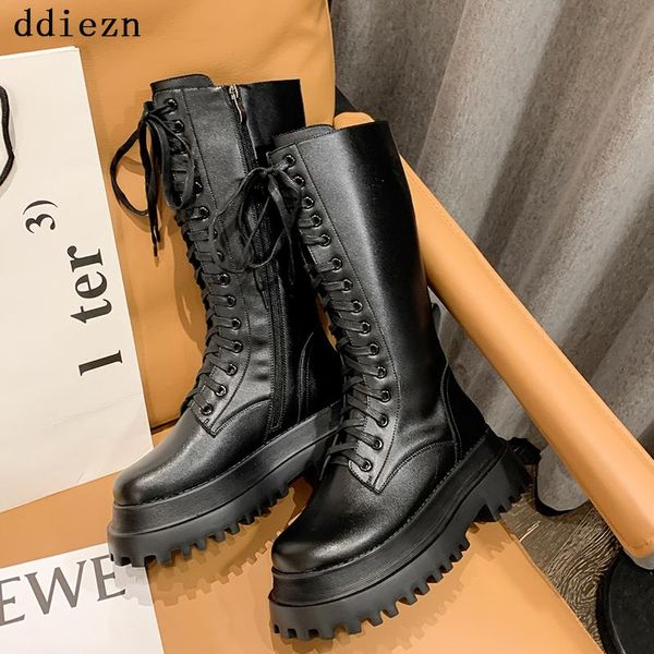 

boots women's autumn platform shoes for women 2021 female boot knee-high round toe heels ladies pu leather, Black