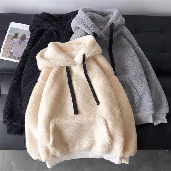 

sweatshirts hoodie autumn winter plush warm fluffy double pullover loose soft thick hoodie for teens 211013, Black
