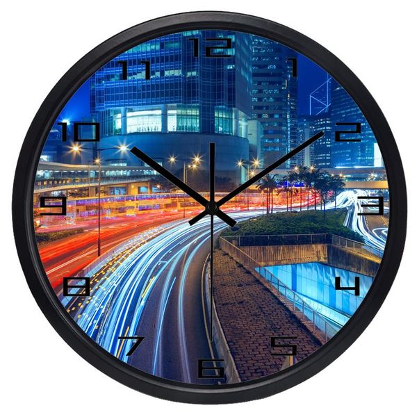 

wall clocks hong kong city night view ambilight clock real picture design originality quiet colorful