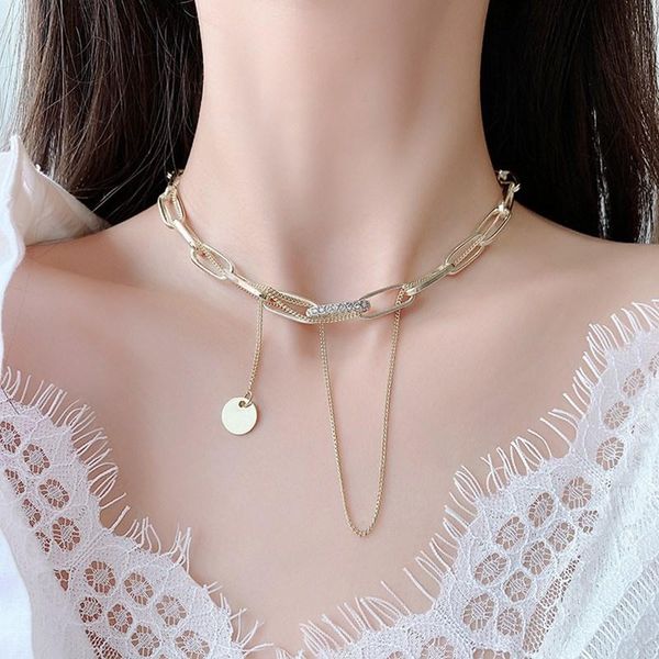 

bohemian disc cubic zirconia chain tassel pendant necklace steel punk gold color choker collares jewelry gifts chokers, Golden;silver