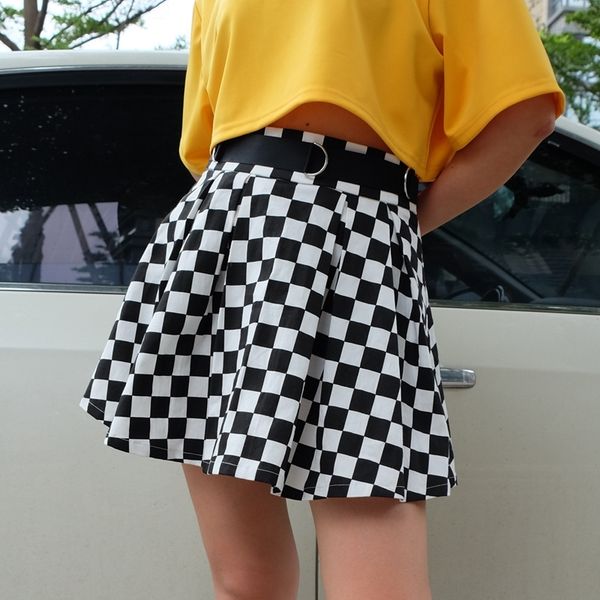 

2021 black and white plaid print skirt, slim skirt, women's pleated skirt, Black;red