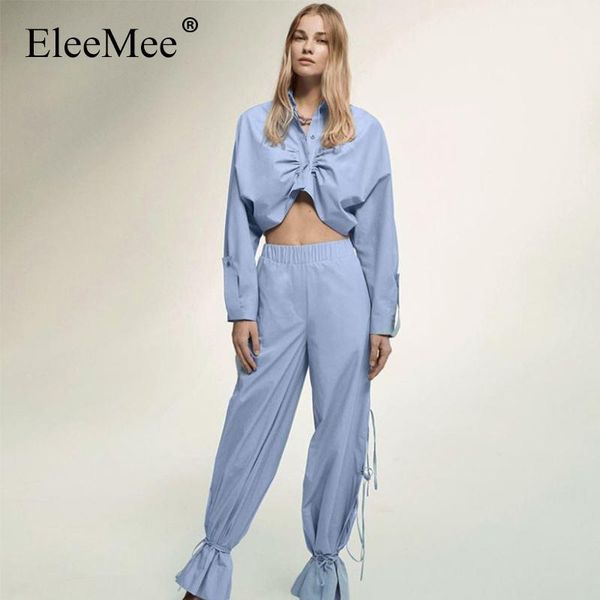 

women's two piece pants eleemee 2021 stylish shirt sets fold short long sleeve lace up loose blue fashion summer/autumn size s-l, White