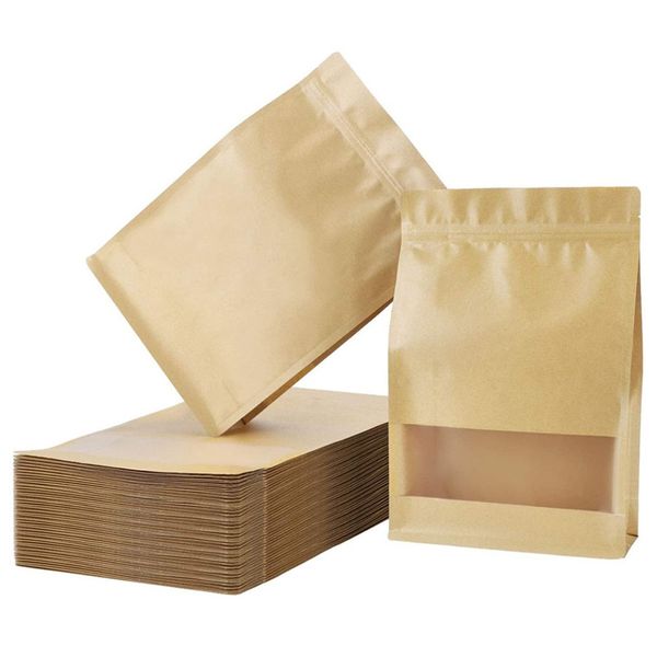 Kraft Stand Up Zipper Bags Borsa richiudibile con finestra per conservare alimenti Noci Fagioli Caffè Caramelle LX4422