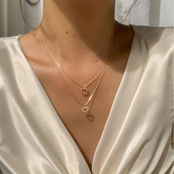 

chains fashion gold color heart multi layer pendant choker necklace for women girl trendy vintage simple rhinestone chain 202, Silver