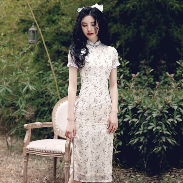 

ethnic clothing slim lace floral short sleeve chinese dress women satin print cheongsam mandarin collar vintage button qipao large size 3xl, Red