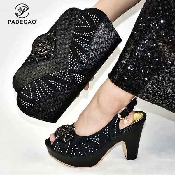

dress shoes 2021 summer design silver matching and bag set in heels for african party, Black