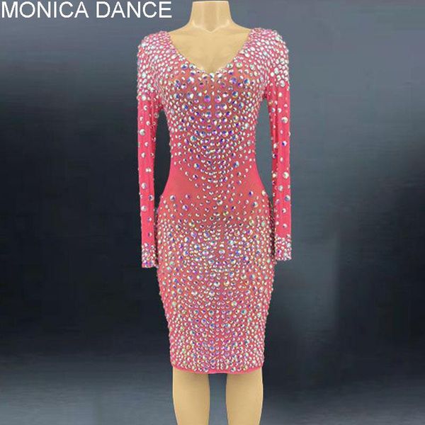 

stage wear women ab crystals rose red dress evening celebrate transparent dance prom stones outfit birthday mesh host costume, Black;red