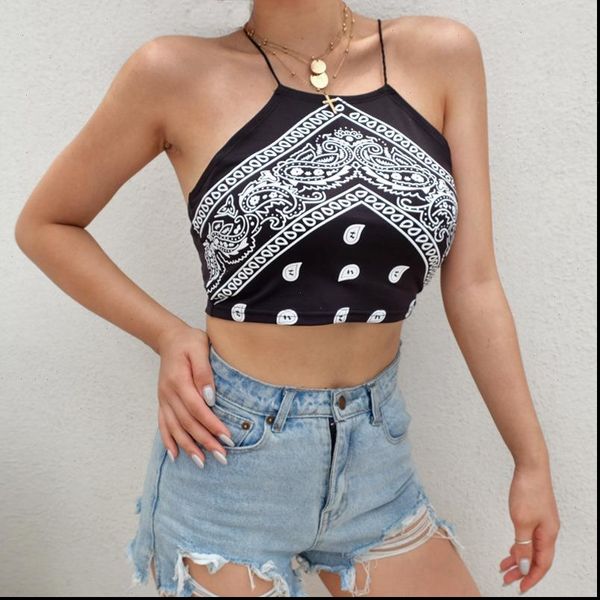 

womens cami monochrome bandana print slim bustier crop boho cotton camisole tumblr workout sleeveless tank tee cropped short, White