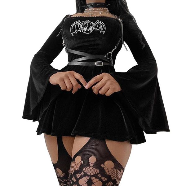 

casual dresses gothic style female mini dress solid color bell long sleeve square neck high waist strappy devil embroidery swing, Black;gray