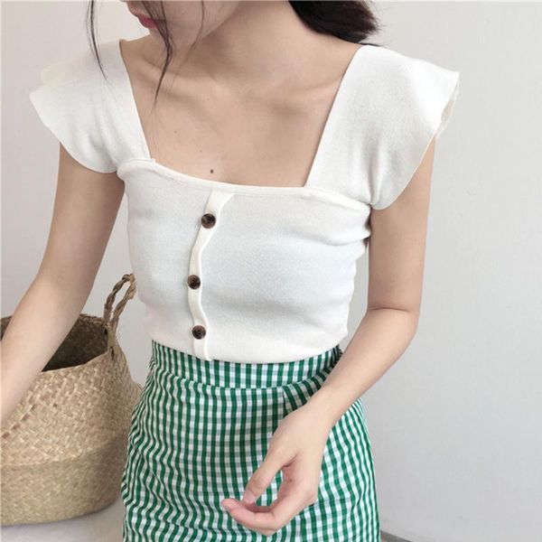 

women's tanks & camis summer knitted tank short sleeve boho casual travel fashion white camisole ruffle button solid black
