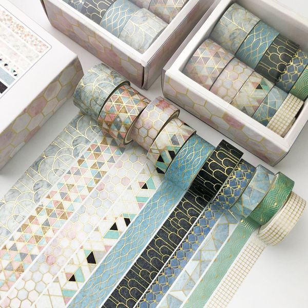 10 Pçs / Set Color Geometric Lattice Gold Washi Tape Scrapbooking Fitas Adesivas Decorativas Papel Papelaria Japonês Adesivo