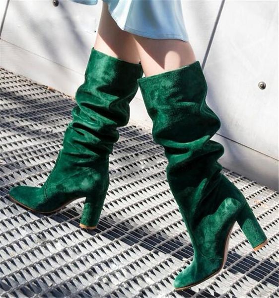 

boots women fold suede leather knee high chunky heel green blue pointed toe slip-on long thick charming, Black