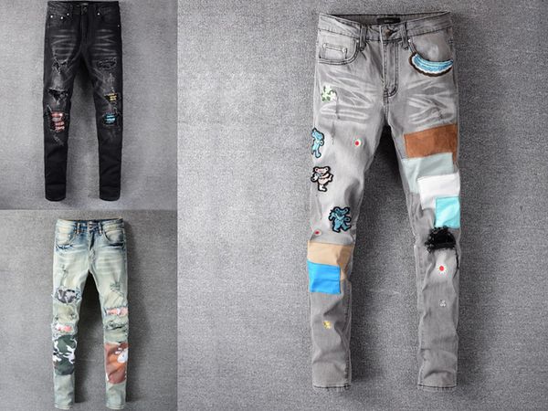 

classic clothing jeans men and women printed army green leopard print destruction men's straight motorcycle jean, Blue