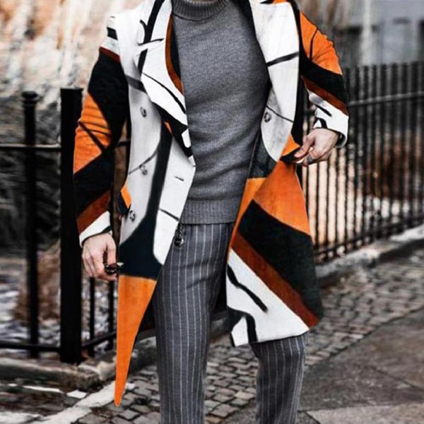 

men's wool & blends autumn winter streetwear printed windbreaker casual long-sleeved jacket male fashion lapel long coats 2021 trendy c, Black