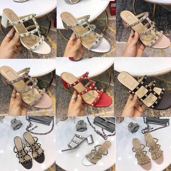 

summer luxury designer womens high-heeled slippers fashionable oversized golden rivets ladies leather slippers flip-flop sandals wedding par, Black
