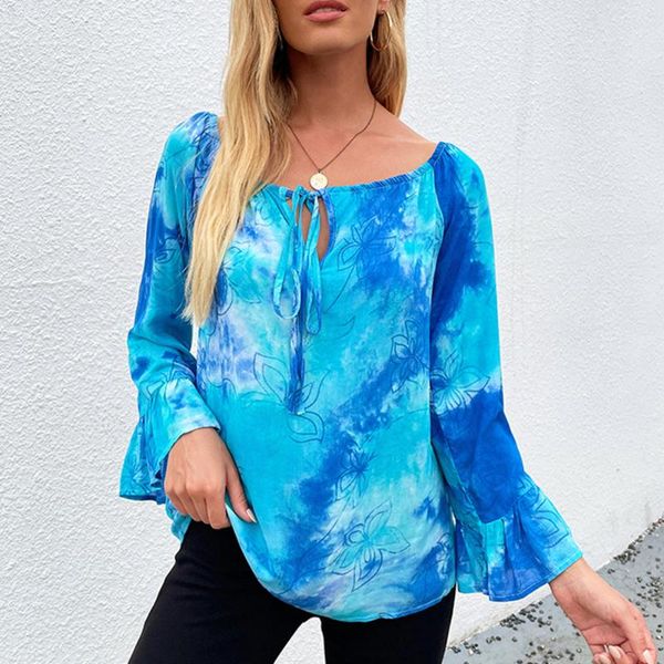

women's blouses & shirts 2021 autumn blouse shirt women slash neck flare long sleeve colorful floral tie dye ladies tunic, White