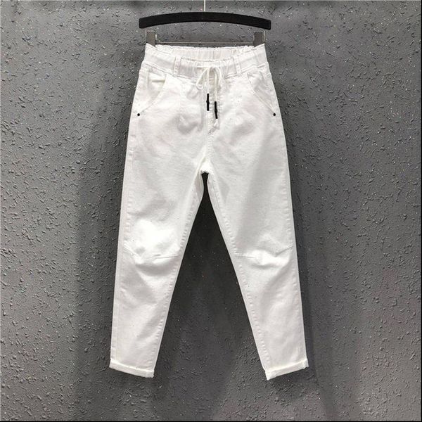 

womens jeans spring summer women cotton denim pants plus size elastic waist loose harem female casual ankle length white d317, Blue