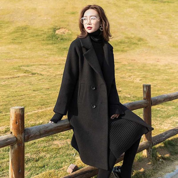 

women's wool & blends winter black cotton women coat hepburn tweed thickened slim button pockets v-neck double breasted