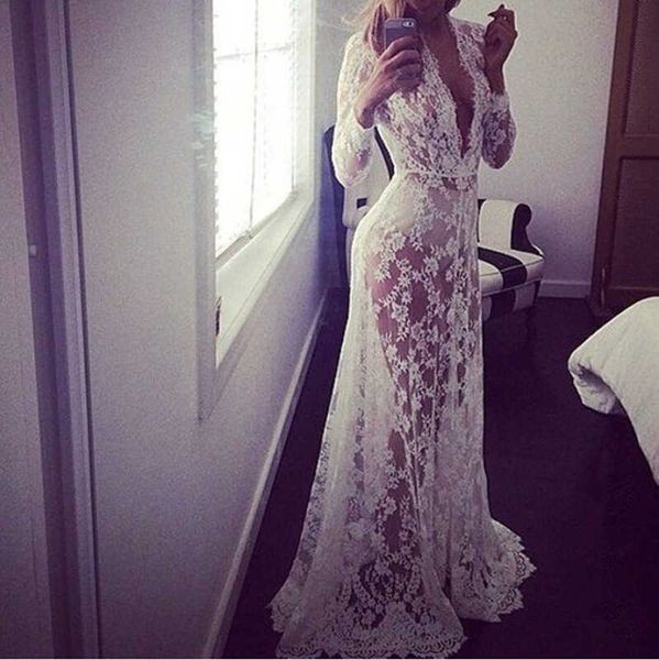 

white deep v-neck long sleeve lace perspective tight tailed dress, Black;pink