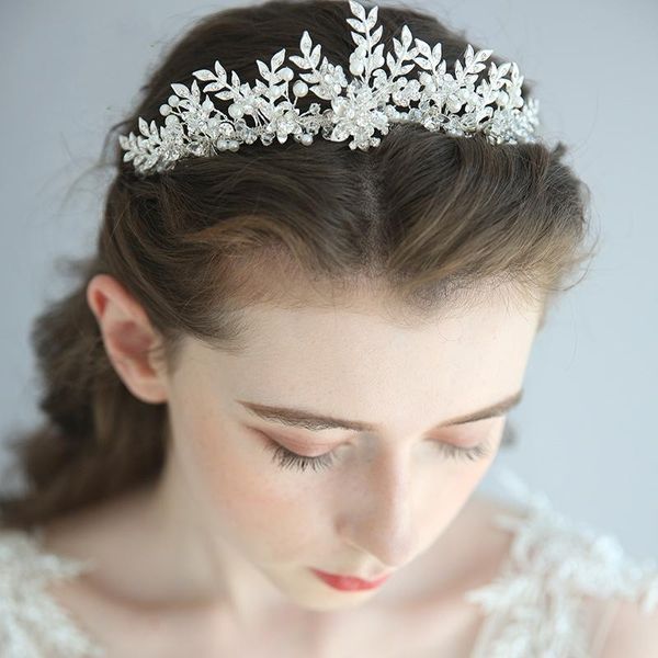 

hair clips & barrettes fashion silver color leaf wedding tiara crown floral bridal headpiece handmade pearls women jewelry accessories, Golden;silver