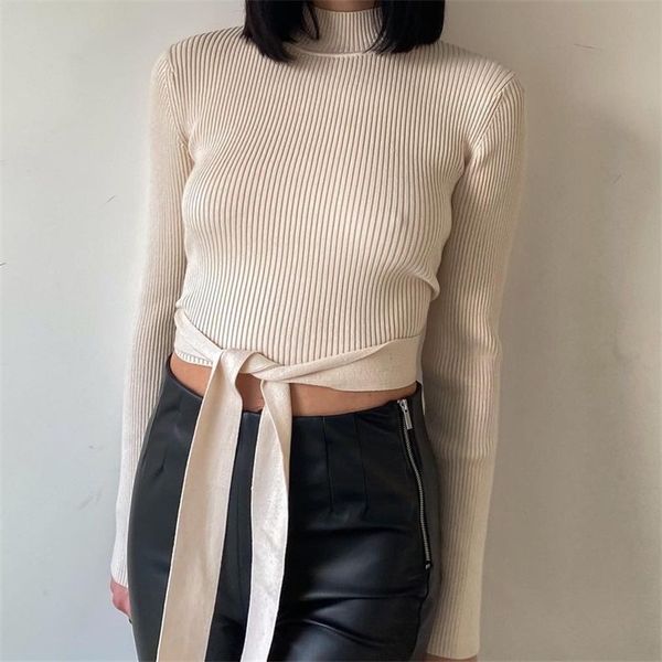 

traf omen high neck short sweater 2021 fashion split design halter belt decoration long sleeve sweater streetwear, Black