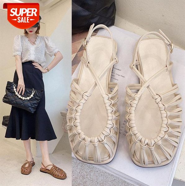 

korean style woven belt hollow flat beach sandals women soft sole comfortable baotou roman shoes #oj1m, Black