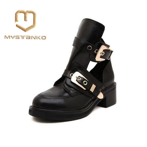 

boots women's ankle platform with golden buckles shoes fashionable low heel cut outs for woman. xz-084, Black