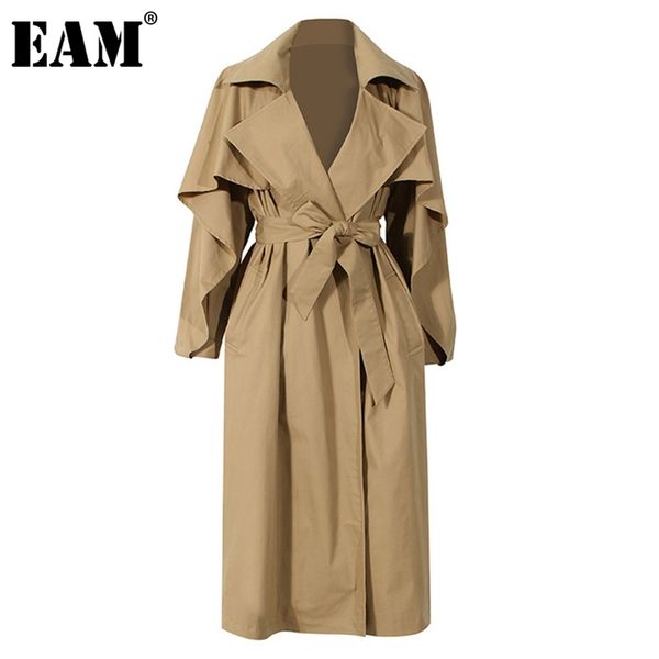 

[eam] women khaki big size long cloak trench lapel sleeve loose fit windbreaker fashion spring autumn 1dd0283 210914, Tan;black