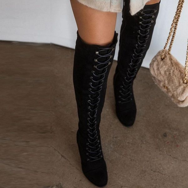 

boots winter women high heels thigh lace up platform ladies shoes cross strappy zipper female over the knee long, Black