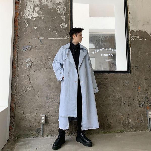 

men's trench coats ewq / wear niche design irregular handsome knee-high length denim vintage blue long coat for male 2021 9y3268, Tan;black