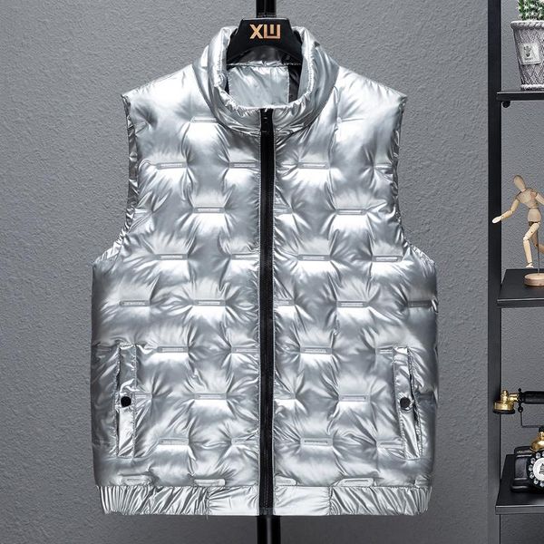 

men's vests 2021 winter men bright vest sleeveless parka waterproof stand collar thick comfortable waistcoat solid color size 5xl 6xl, Black;white