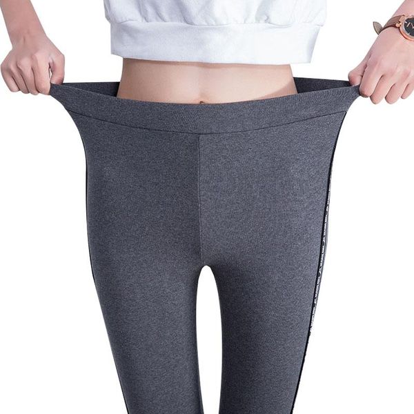 

women's leggings normov 2021 skinny women high waist cotton elastic thin side striped letters printing pencil pants, Black