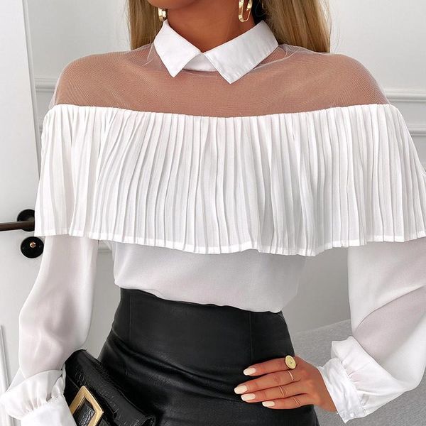 

women's blouses & shirts ruffle mesh patchwork spring white long sleeve button female 2021 fashion summer elegant ladies blouse