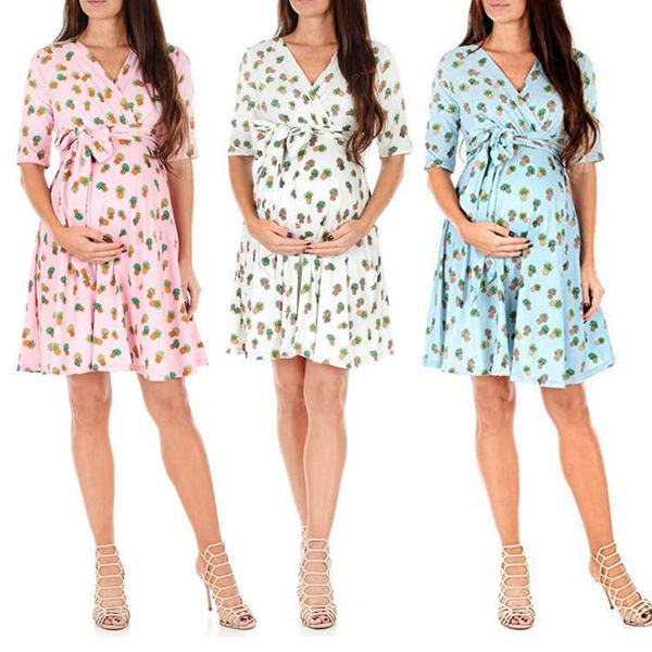 

summer v-neck dress maternity dresses for short sleeve dresses printed polka dot pregnancy dresses comfy pregnant women clothes x0902, White