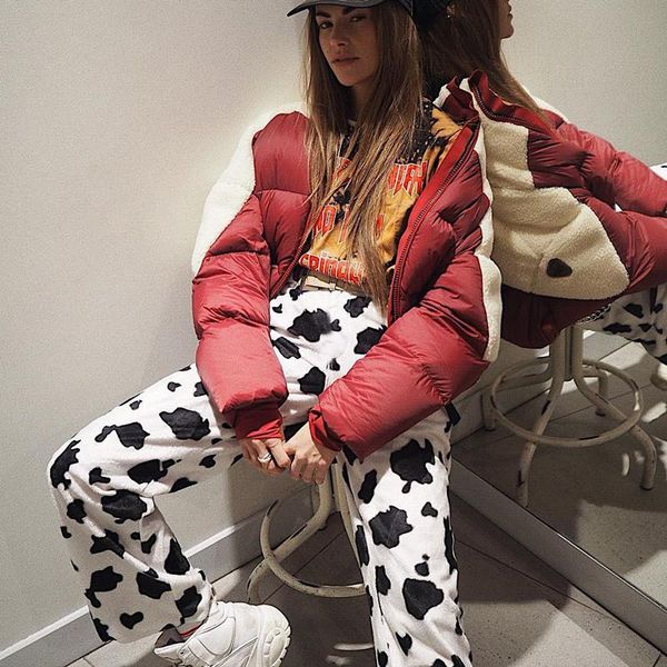 

women's pants & capris casual elastic high waist milk cow print women 2021 spring straight loose trousers pantalon femme long kalenmos, Black;white