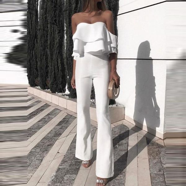 

women's jumpsuits & rompers women jumpsuit playsuit siamese vintage solid color shoulder ruffle straight pants white black sweet romper, Black;white