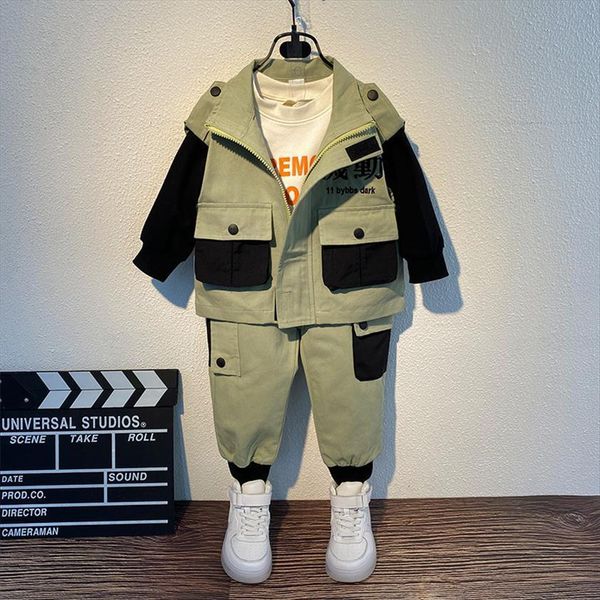 

autumn boys denim color blocking zipper shirt childrens western style trousers two piece suitcasual selling, White