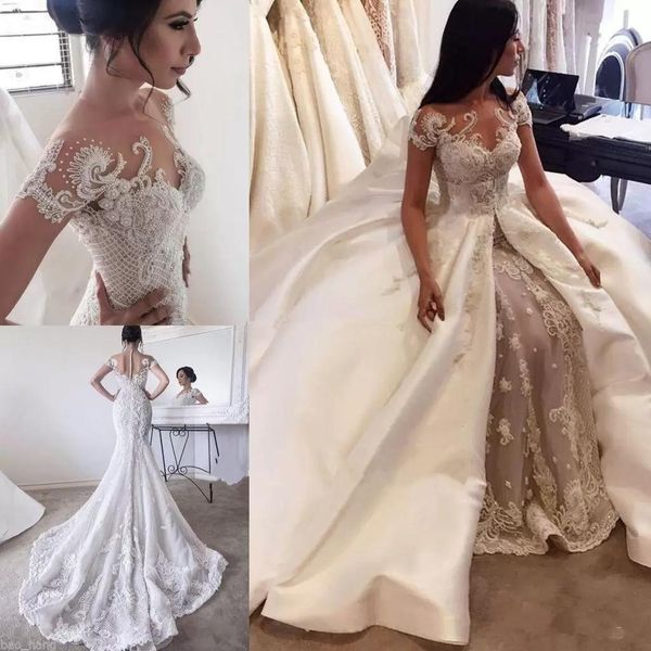 

2022 luxury mermaid wedding dresses short sleeves bridal gown with detachable train satin jewel neck lace appliqued beaded custom made plus, White