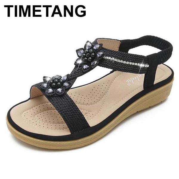 

sandals timetang summer women shoes ladies bohemian flat rhinestone flower comfort female footwear sandalias de mujer, Black