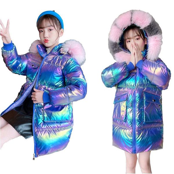 

down coat fashion girl plus thick colorful fur collar jacket for 3-12years girls kid winter warm clothes outerwear, Blue;gray