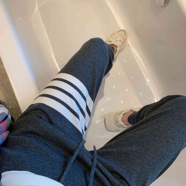 

autumn new tb korean fashion casual grey sports men's and loose knitted guard women's pants, Black;white