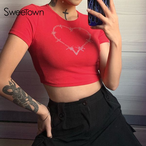 

sweetown y2k aesthetic red baby tee diamond heart cute kawaii graphic tees short sleeve 2000s woman tshirts summer 2021 harajuku, Black;white